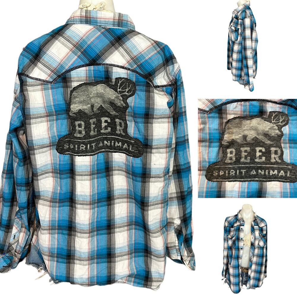 Plaid Western Plaid Pearl Snap Shirt XL Oversize One of Kind Beer Spirit Animal